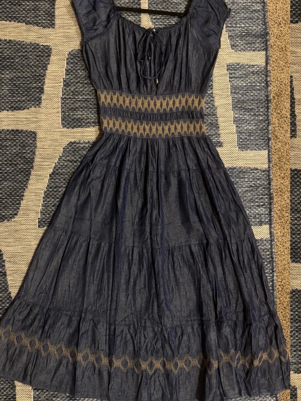 Indigo Navy Tiered Maxi Dress with Gold Waist Embroidery